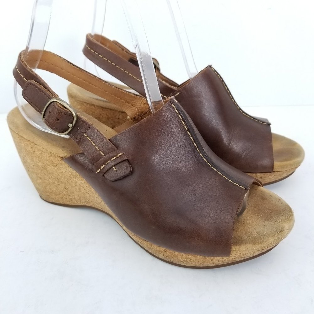Clarks Women's 7.5M Brown Leather Sling Back Cork High Heel Wedge Open Toe Mule